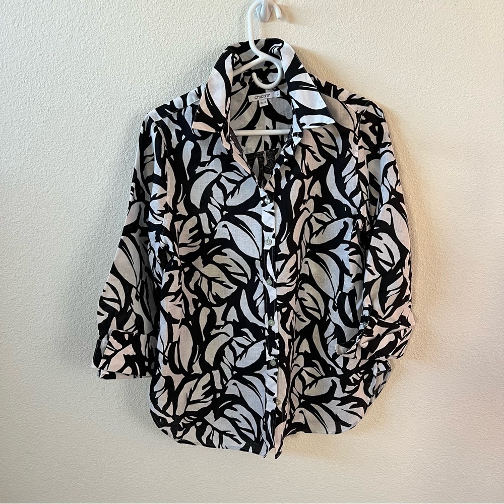Chico’s 100% Linen Top Black and White Size 8-10